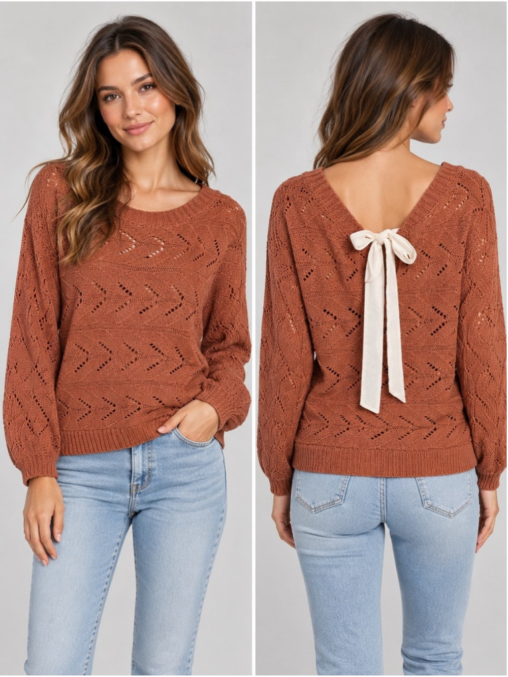 Women's Rust Open-Knit Pullover with Back Tie Size XS Boho Cottagecore Fall